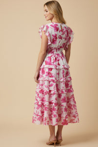 Floral Print Pleated V Neck Ruffled Dress