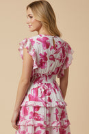 Floral Print Pleated V Neck Ruffled Dress