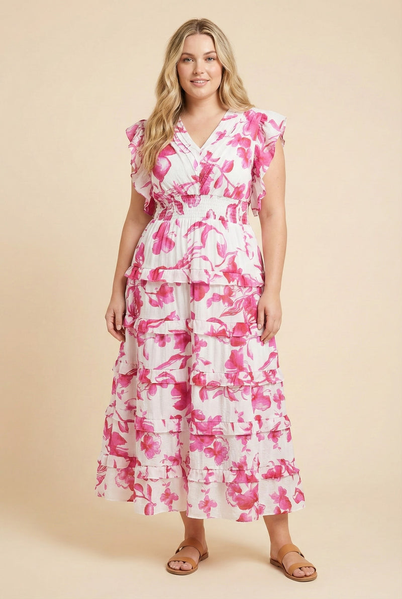 Floral Print Pleated V Neck Ruffled Dress