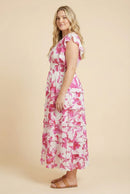 Floral Print Pleated V Neck Ruffled Dress