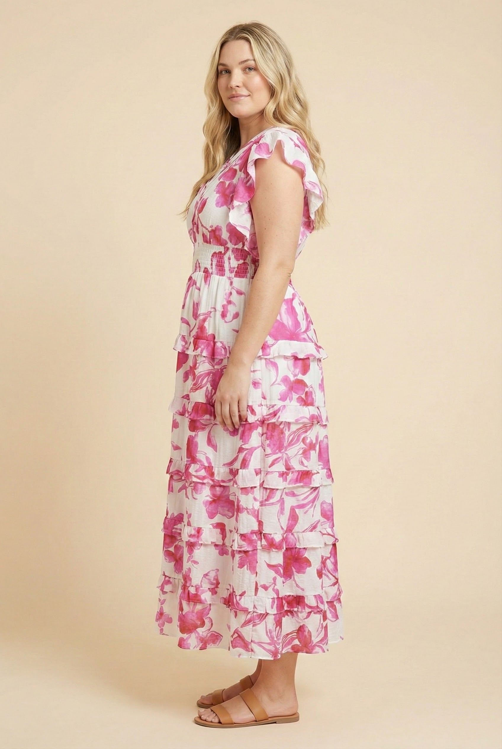 Floral Print Pleated V Neck Ruffled Dress