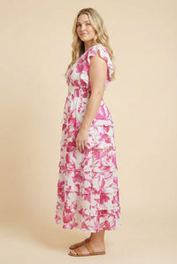 Floral Print Pleated V Neck Ruffled Dress