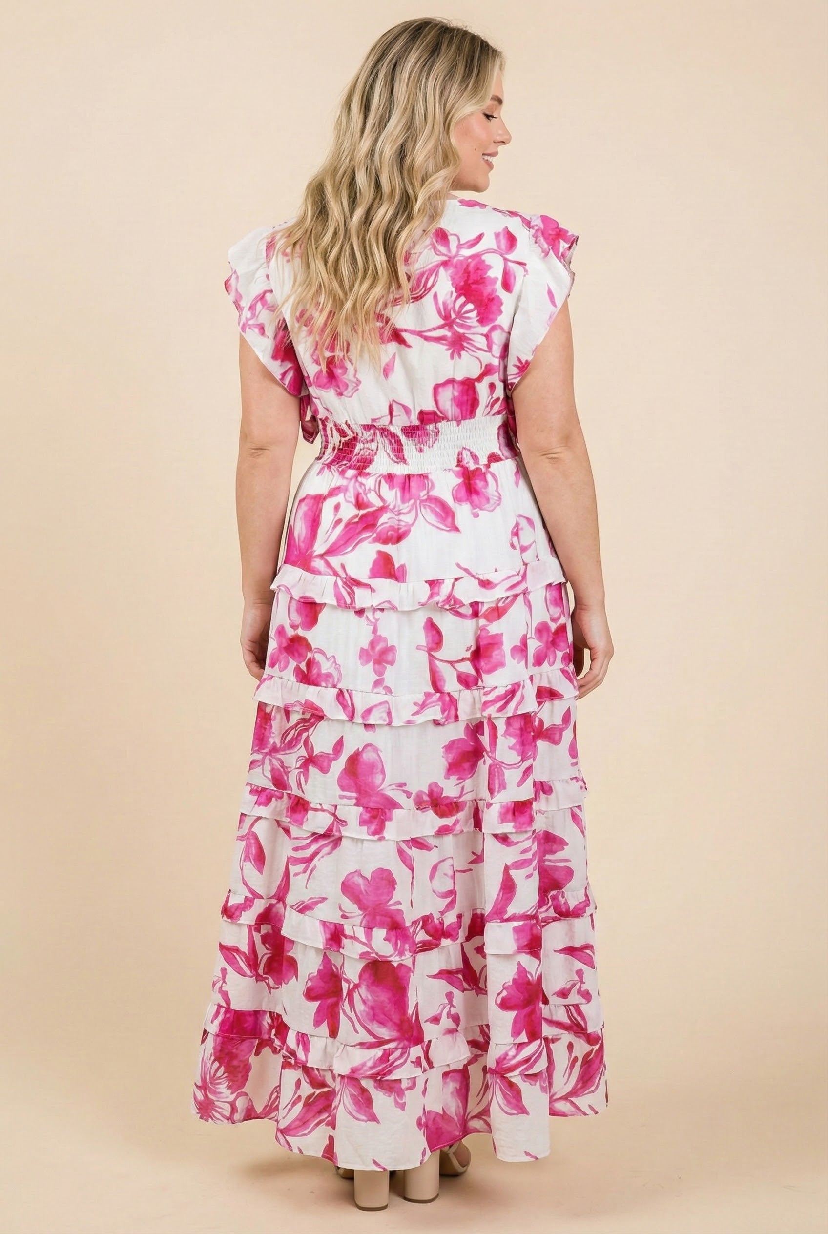 Floral Print Pleated V Neck Ruffled Dress