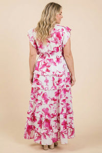 Floral Print Pleated V Neck Ruffled Dress