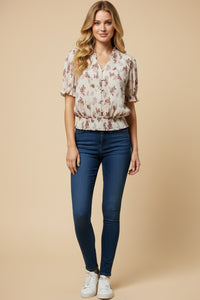 Textured Floral Smock Hem Buttoned Blouse