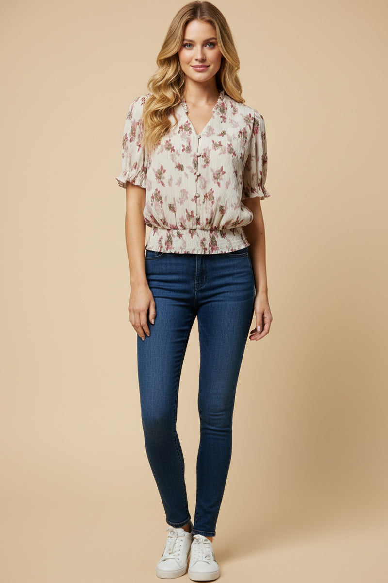 Textured Floral Smock Hem Buttoned Blouse