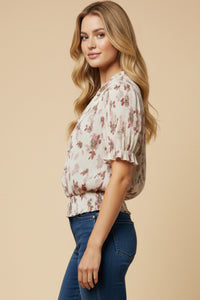 Textured Floral Smock Hem Buttoned Blouse