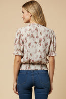 Textured Floral Smock Hem Buttoned Blouse