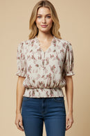 Textured Floral Smock Hem Buttoned Blouse