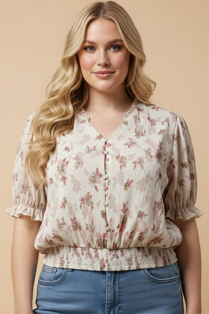 Textured Floral Smock Hem Buttoned Blouse