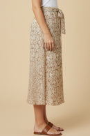 Textured Floral Print Self Belted Skirt