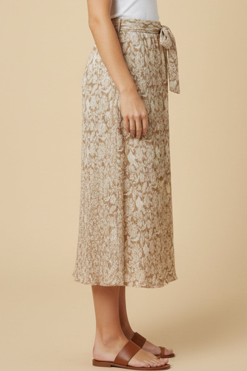 Textured Floral Print Self Belted Skirt