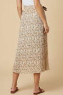 Textured Floral Print Self Belted Skirt