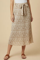 Textured Floral Print Self Belted Skirt