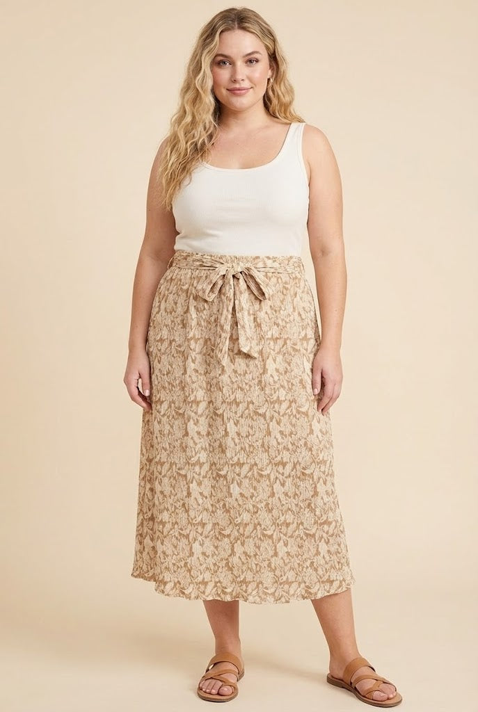 Textured Floral Print Self Belted Skirt