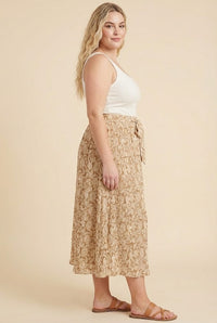 Textured Floral Print Self Belted Skirt