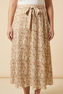 Textured Floral Print Self Belted Skirt