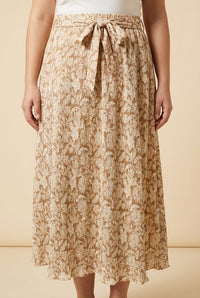 Textured Floral Print Self Belted Skirt