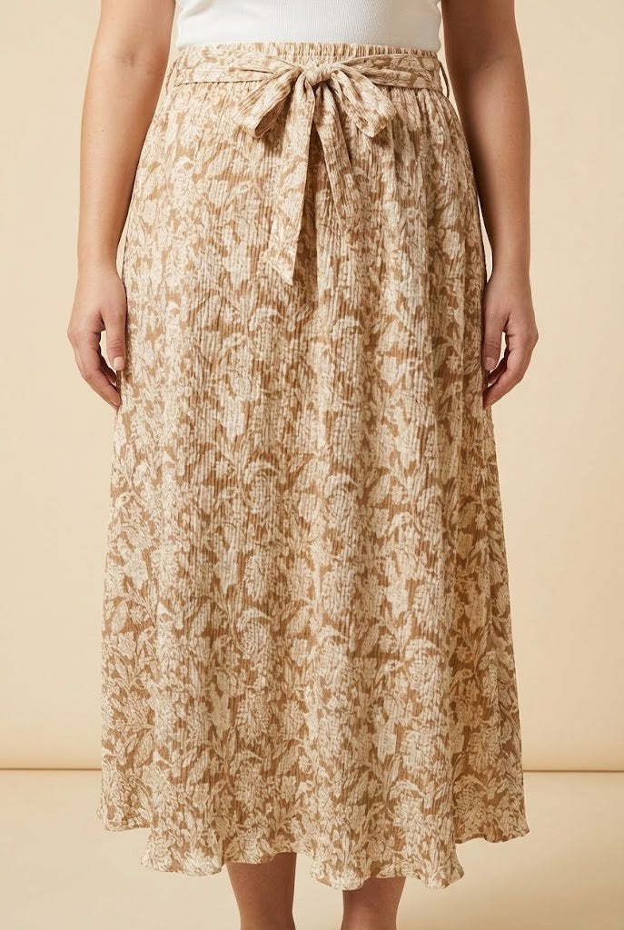 Textured Floral Print Self Belted Skirt