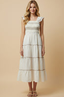 Contrast Piping Detailed Smocked Ruffle Shoulder Dress