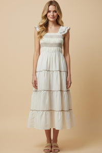 Contrast Piping Detailed Smocked Ruffle Shoulder Dress