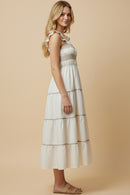 Contrast Piping Detailed Smocked Ruffle Shoulder Dress