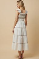 Contrast Piping Detailed Smocked Ruffle Shoulder Dress