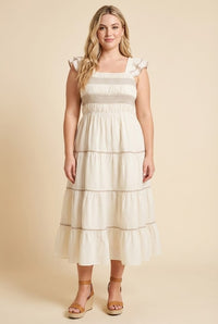 Contrast Piping Detailed Smocked Ruffle Shoulder Dress