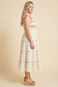 Contrast Piping Detailed Smocked Ruffle Shoulder Dress