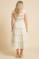 Contrast Piping Detailed Smocked Ruffle Shoulder Dress