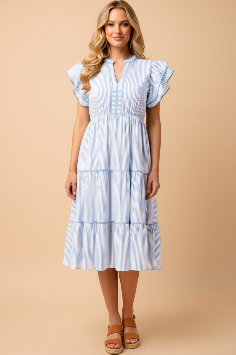 Pinstripe Contrast Piped Double Ruffle Sleeveless Dress