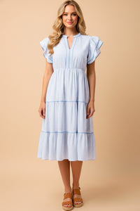 Pinstripe Contrast Piped Double Ruffle Sleeveless Dress