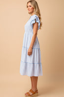 Pinstripe Contrast Piped Double Ruffle Sleeveless Dress