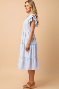 Pinstripe Contrast Piped Double Ruffle Sleeveless Dress