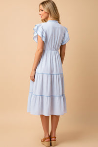 Pinstripe Contrast Piped Double Ruffle Sleeveless Dress