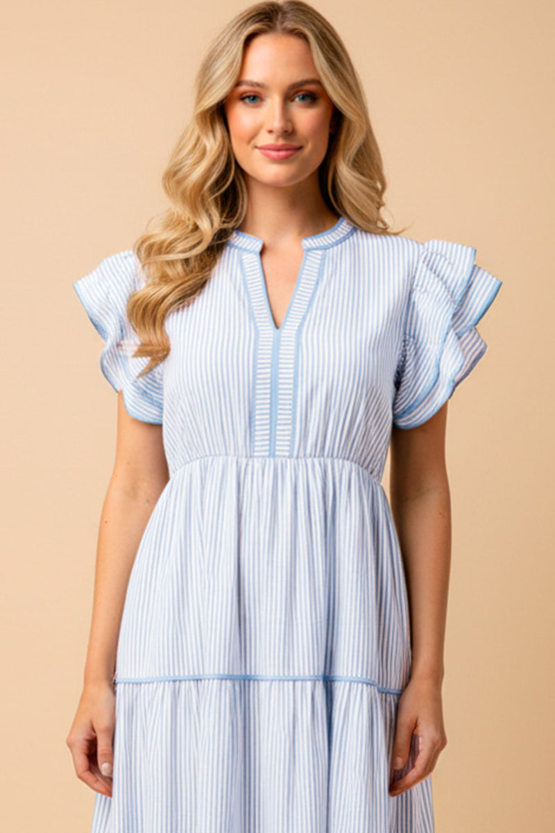 Pinstripe Contrast Piped Double Ruffle Sleeveless Dress