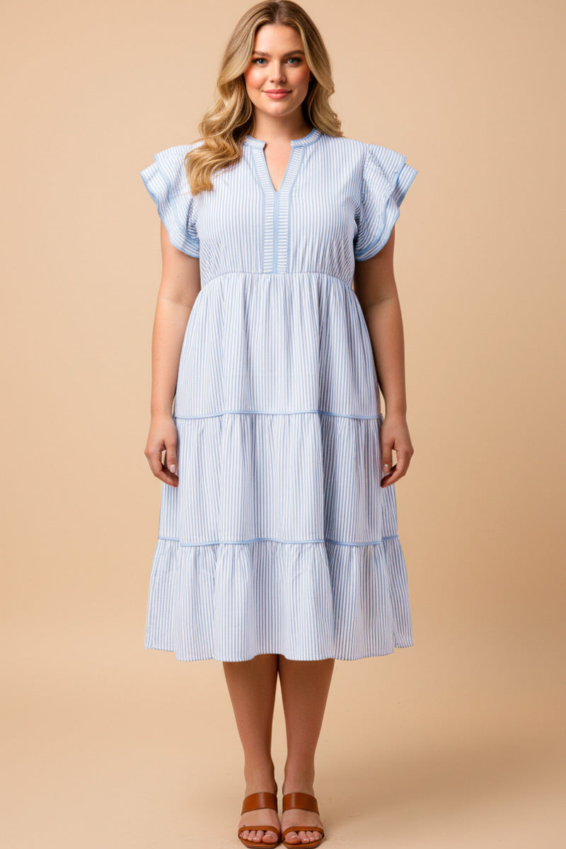 Pinstripe Contrast Piped Double Ruffle Sleeveless Dress
