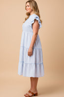 Pinstripe Contrast Piped Double Ruffle Sleeveless Dress