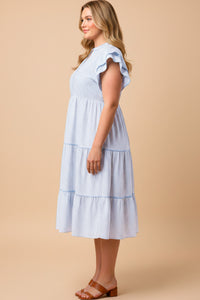 Pinstripe Contrast Piped Double Ruffle Sleeveless Dress