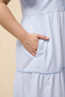 Pinstripe Contrast Piped Double Ruffle Sleeveless Dress