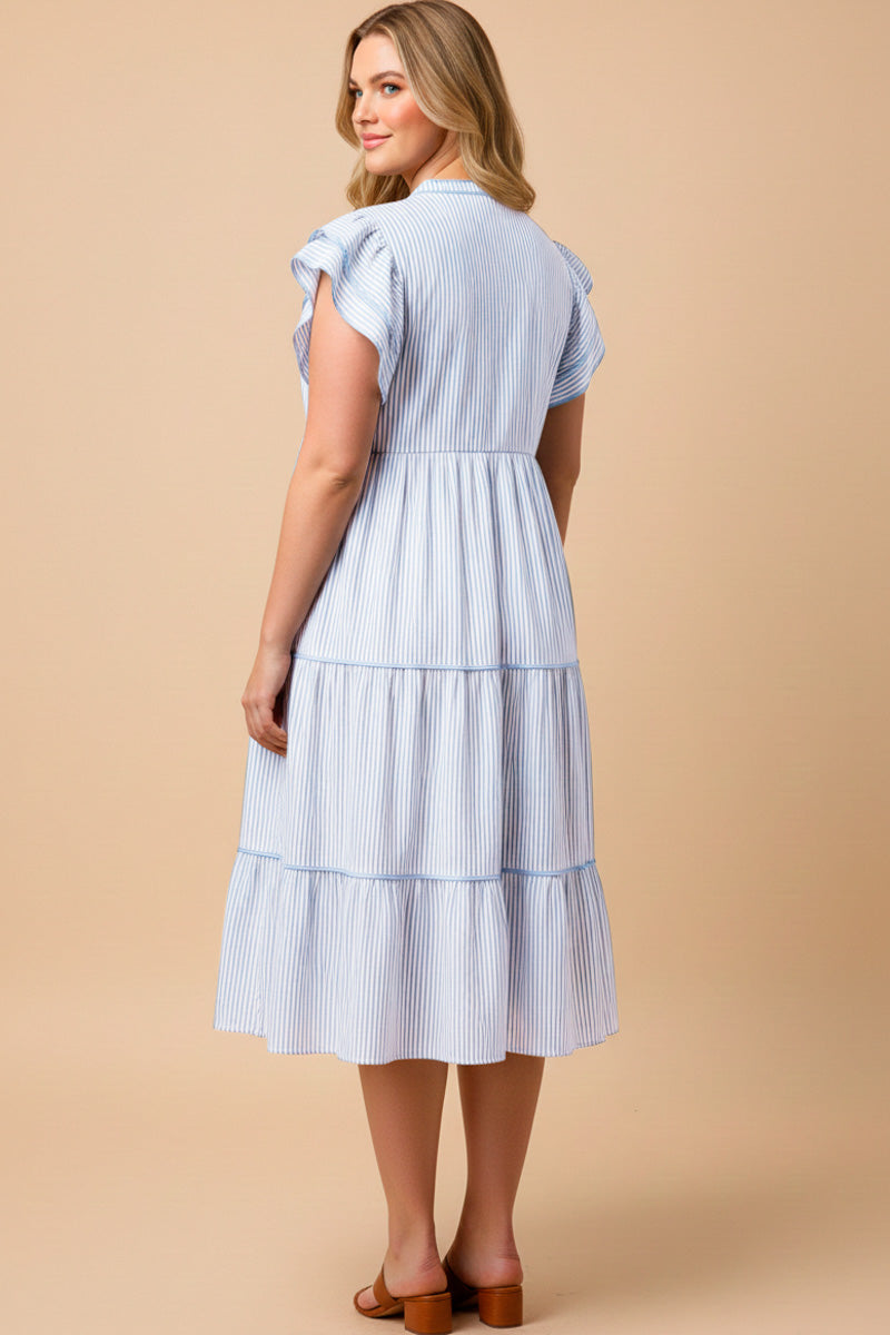 Pinstripe Contrast Piped Double Ruffle Sleeveless Dress