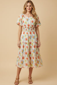 Floral Smocked Waist Scoop Neck Dress