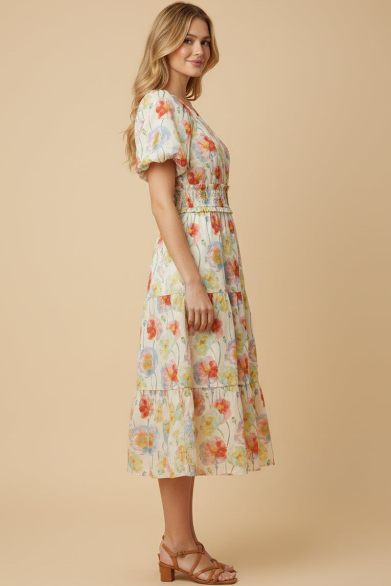 Floral Smocked Waist Scoop Neck Dress