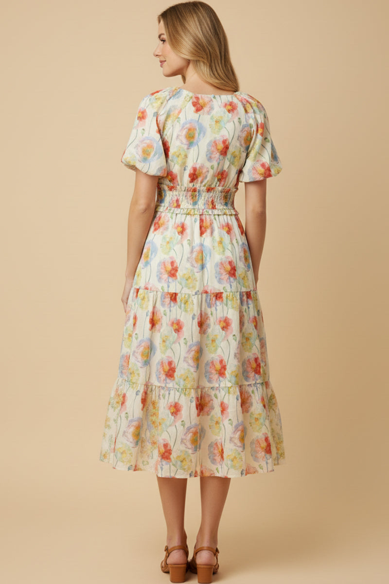 Floral Smocked Waist Scoop Neck Dress