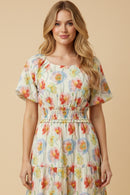 Floral Smocked Waist Scoop Neck Dress