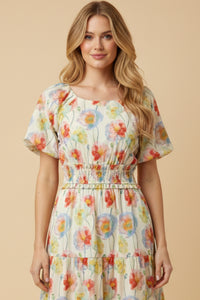 Floral Smocked Waist Scoop Neck Dress