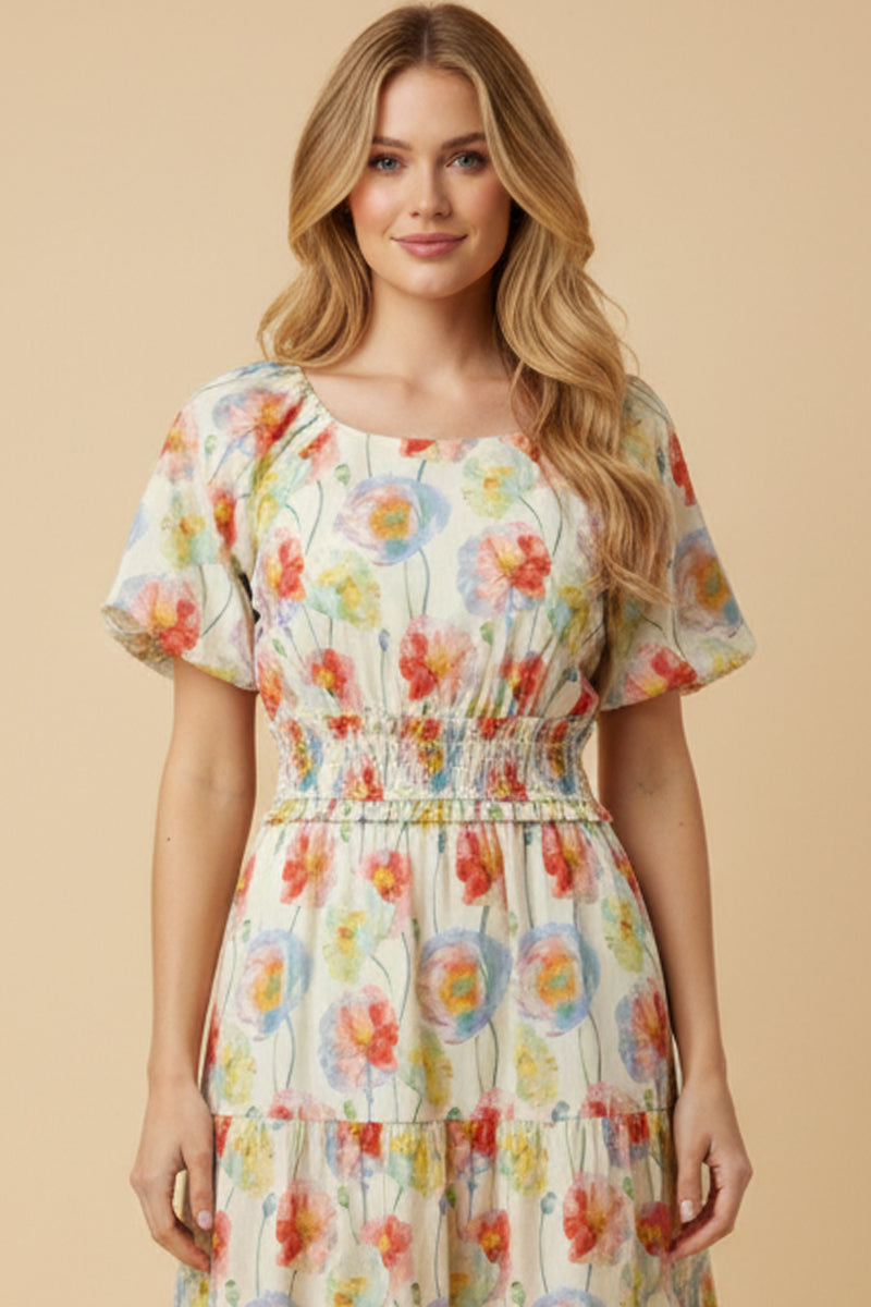 Floral Smocked Waist Scoop Neck Dress