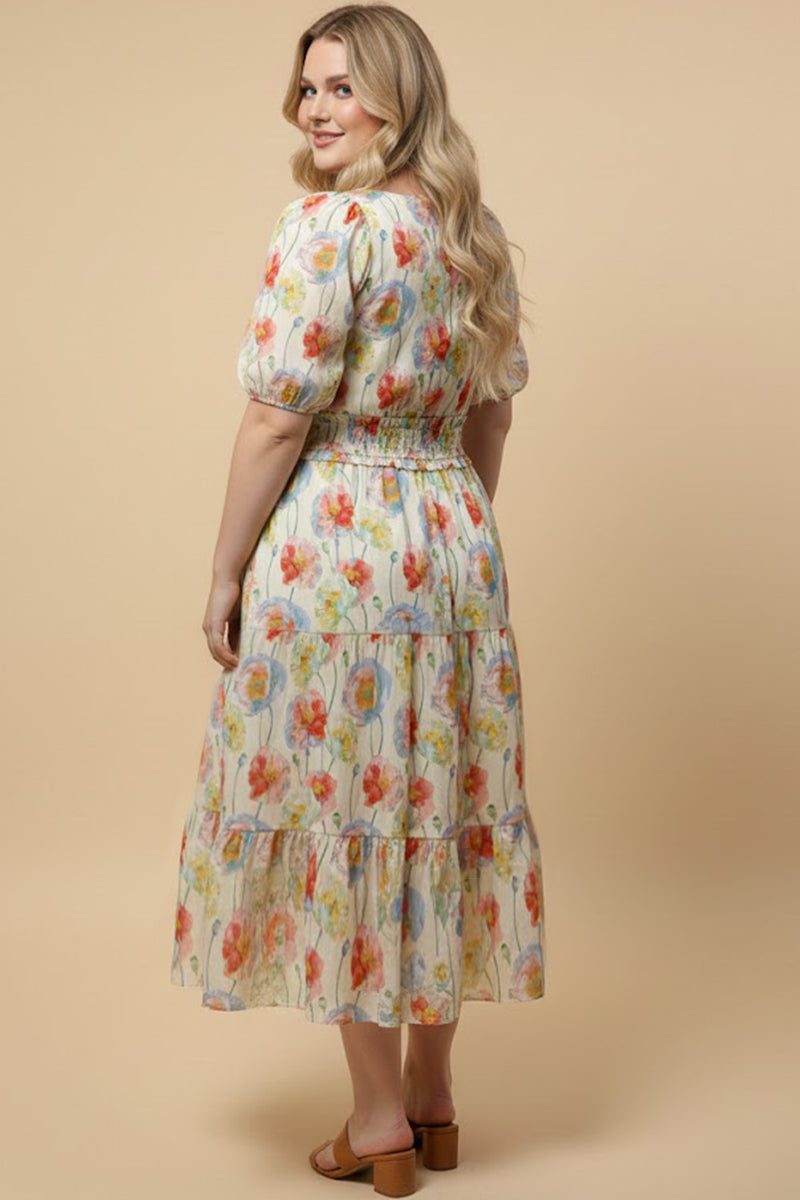 Floral Smocked Waist Scoop Neck Dress