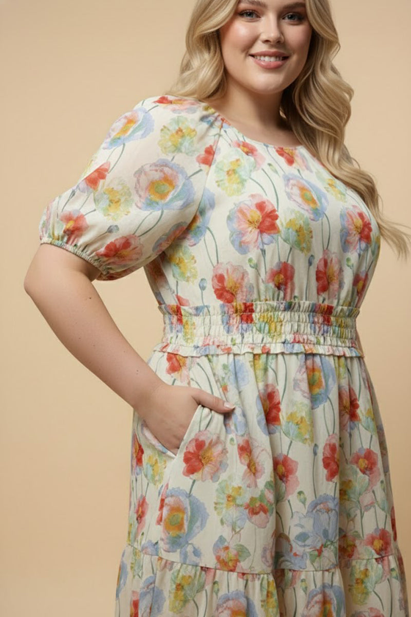 Floral Smocked Waist Scoop Neck Dress