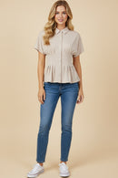 HY3097 Beige Pleated Waist Button Up Knit Shirt Full Body
